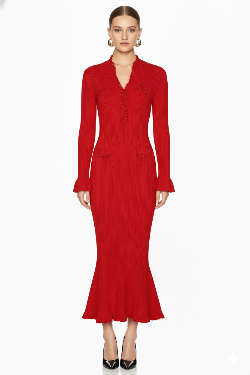 Ruffle Trim Ribbed Knit Mermaid Maxi Dress