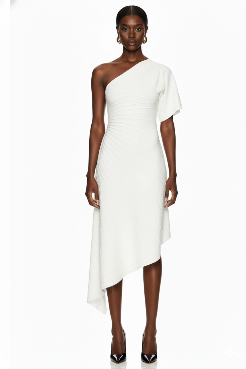 One-Shoulder Asymmetric Ribbed Midi Dress