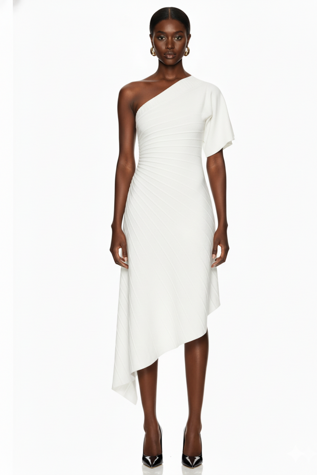 One-Shoulder Asymmetric Ribbed Midi Dress Hover Image