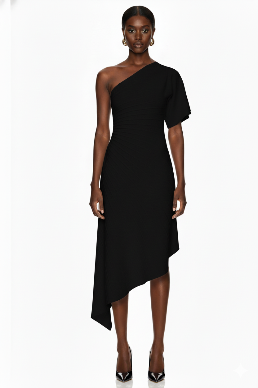 One-Shoulder Asymmetric Ribbed Midi Dress