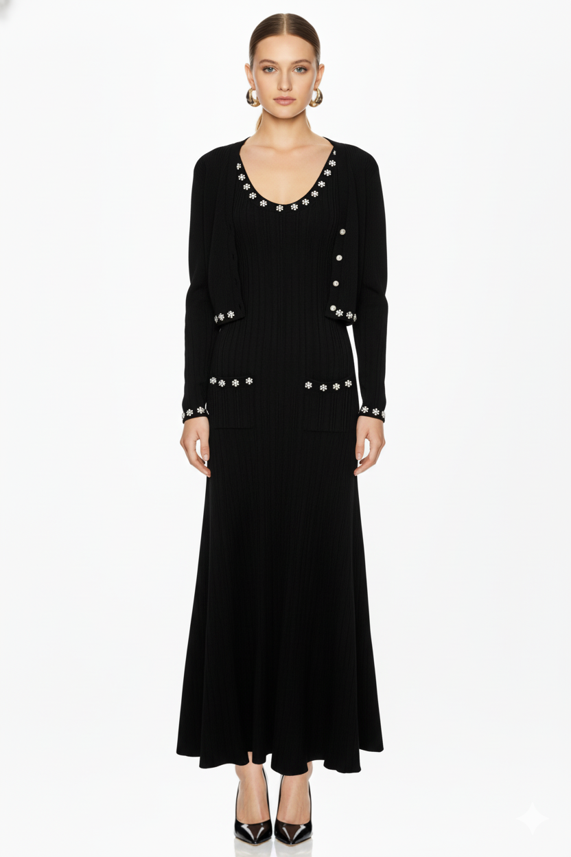 Embellished Trim Knit Dress and Cardigan Set