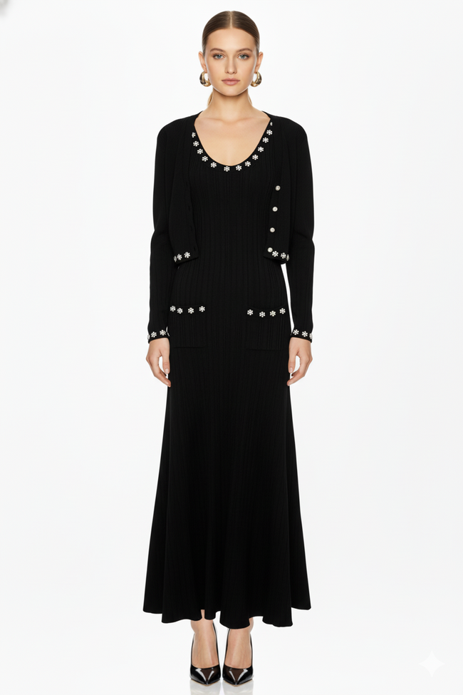 Embellished Trim Knit Dress and Cardigan Set Hover Image