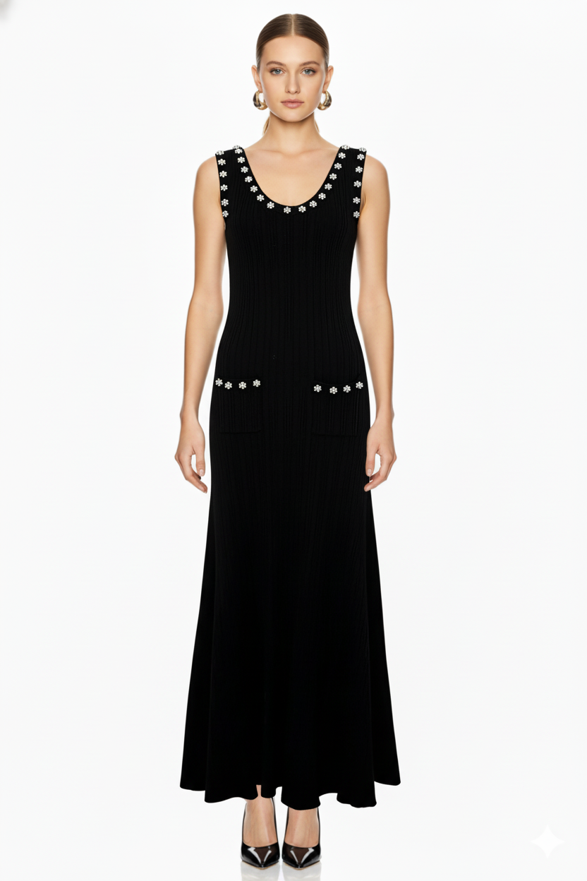 Embellished Trim Knit Dress and Cardigan Set