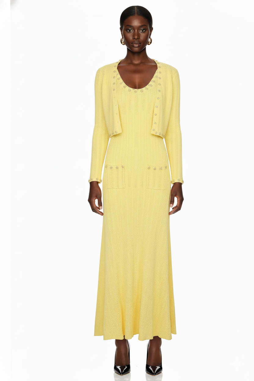 Embellished Trim Knit Dress and Cardigan Set