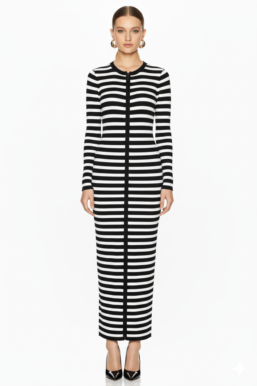 Long Sleeve Horizontal Stripe Bodycon Maxi Dress