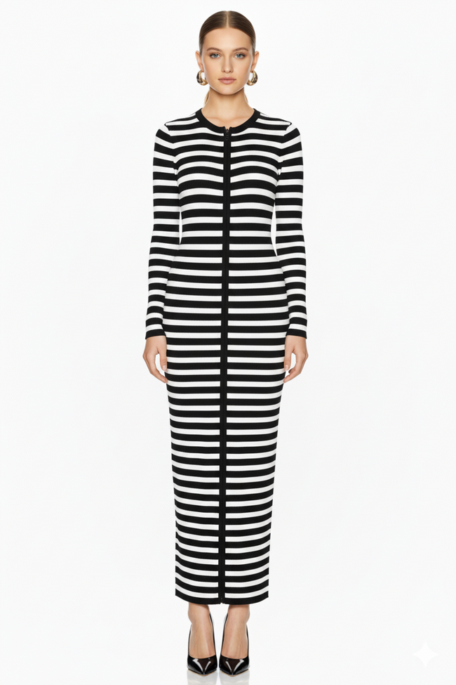 Long Sleeve Horizontal Stripe Bodycon Maxi Dress Main Image