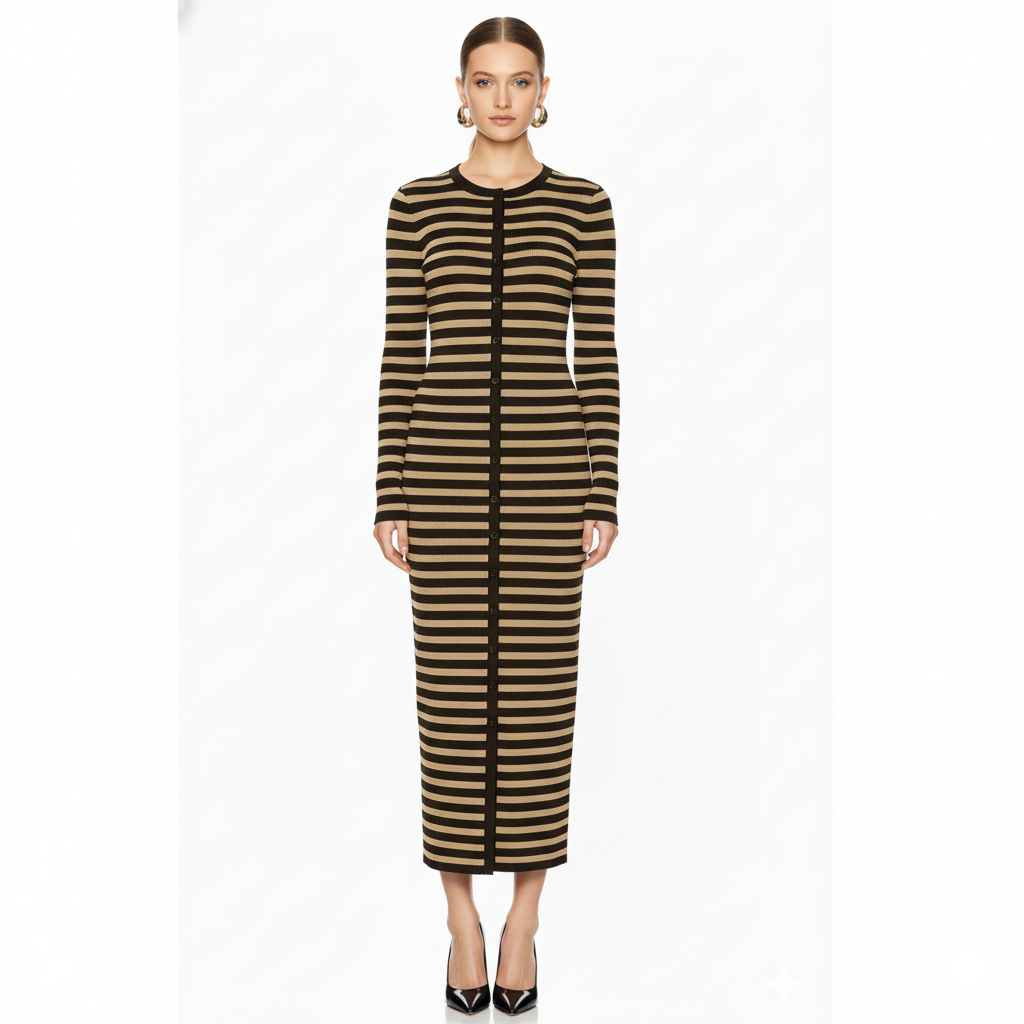 Long Sleeve Horizontal Stripe Bodycon Maxi Dress