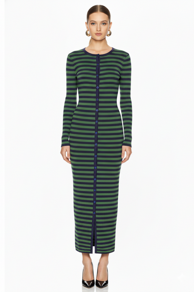 Long Sleeve Horizontal Stripe Bodycon Maxi Dress Hover Image