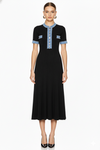 Contrast Denim Detail Knit A Line Dress