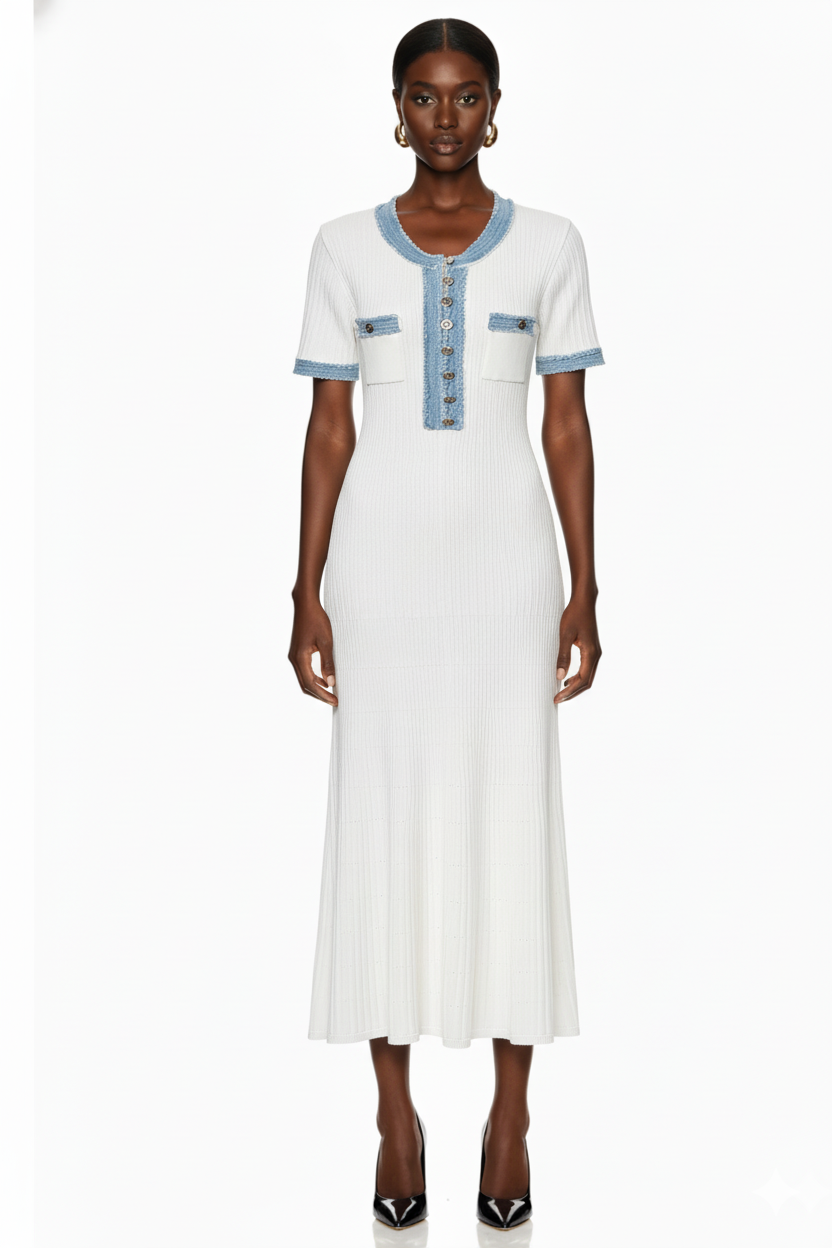 Contrast Denim Detail Knit A Line Dress