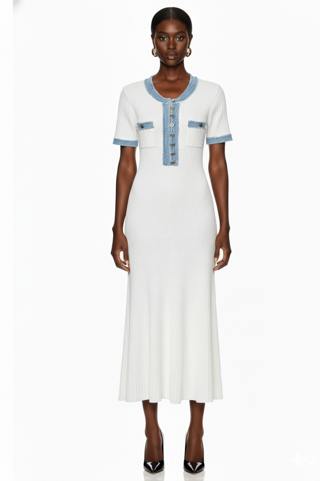 Contrast Denim Detail Knit A Line Dress Main Image