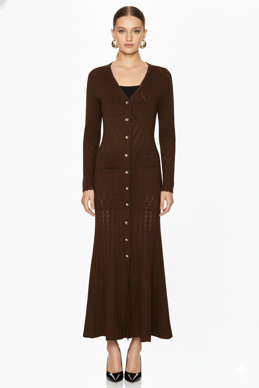 Button Front Textured Knit Fishtail Dress