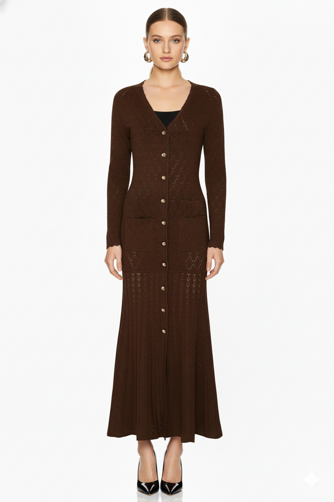 Button Front Textured Knit Fishtail Dress Hover Image