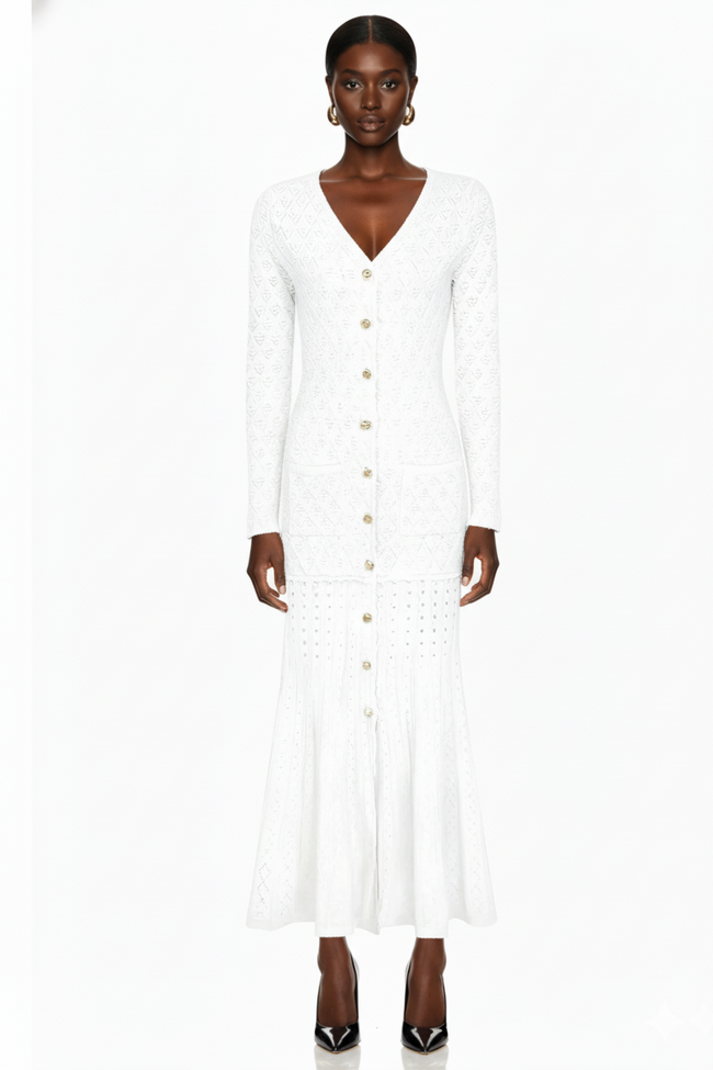 Button Front Textured Knit Fishtail Dress Main Image