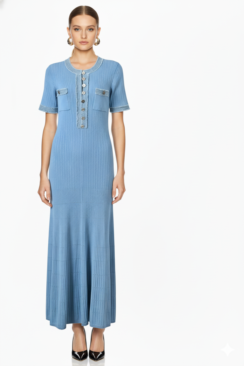 Elegant Contrast Trim Knit Maxi Dress