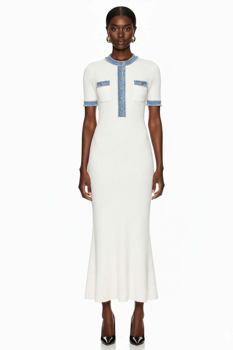 Elegant Contrast Trim Knit Maxi Dress