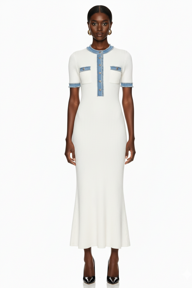 Elegant Contrast Trim Knit Maxi Dress Hover Image