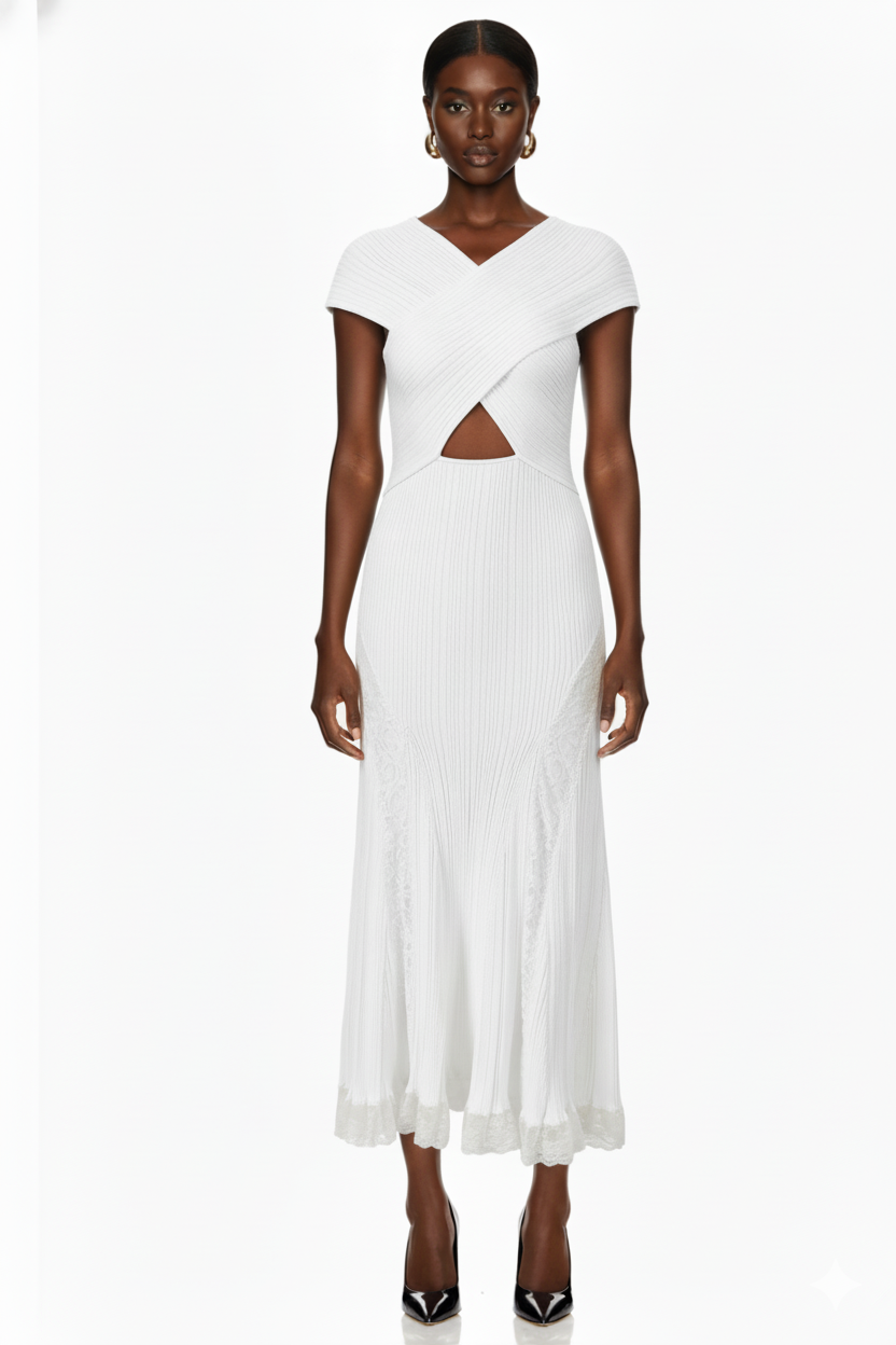 Crisscross Knit Maxi Dress with Cutout Waist and Lace Panel Detail