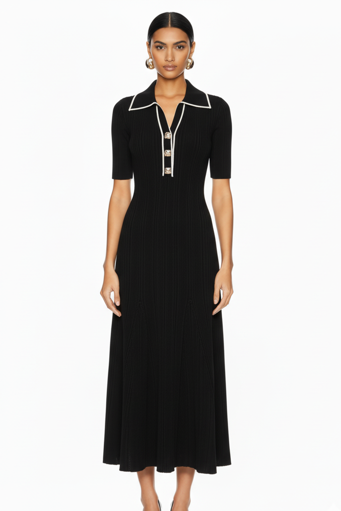 Timeless Ribbed Knit Long Dress with Contrast Placket