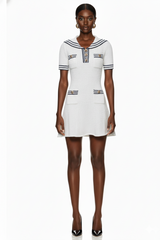 Textured Knit Mini Dress with Nautical Collar and Pocket Accents