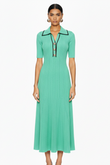 Timeless Ribbed Knit Long Dress with Contrast Placket