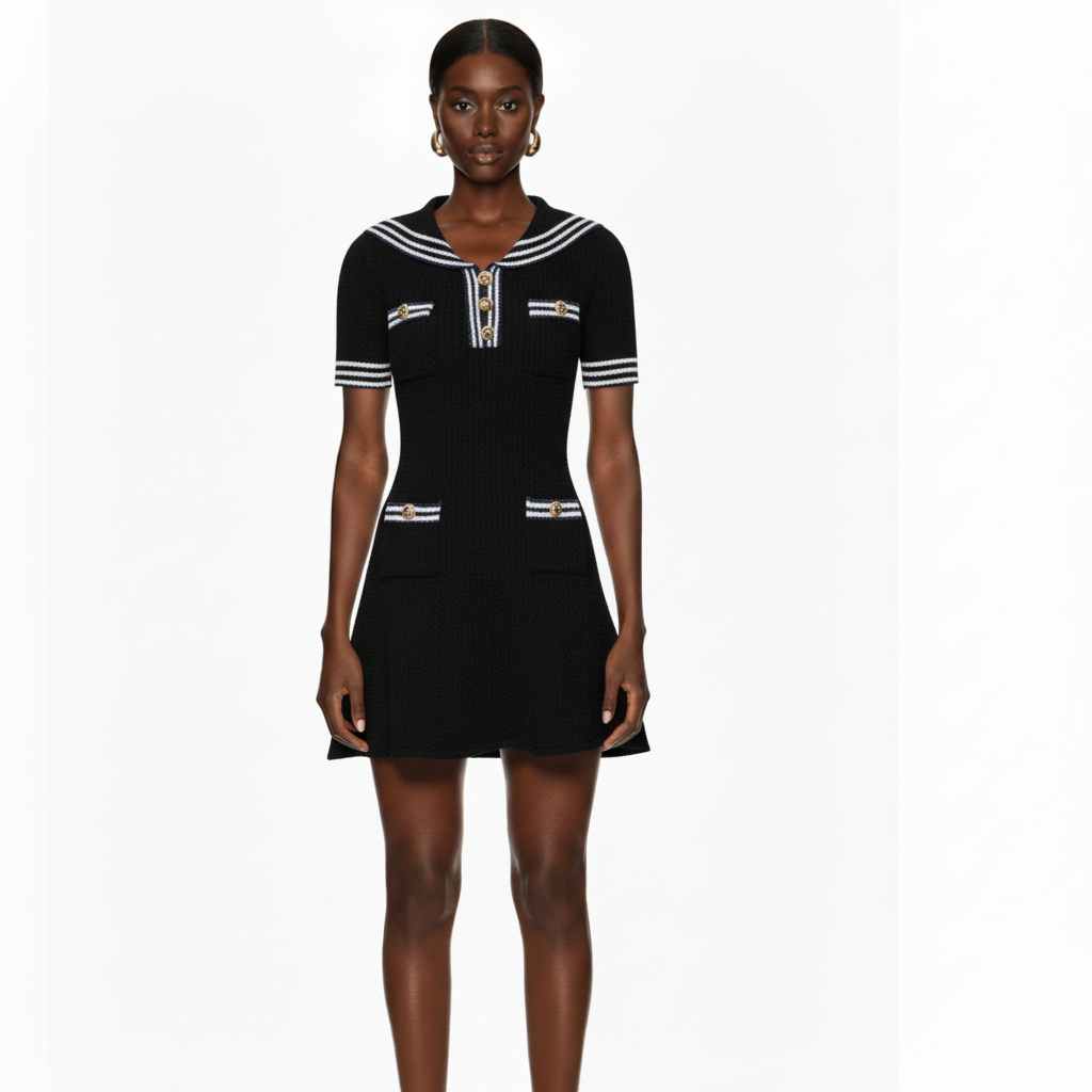 Textured Knit Mini Dress with Nautical Collar and Pocket Accents