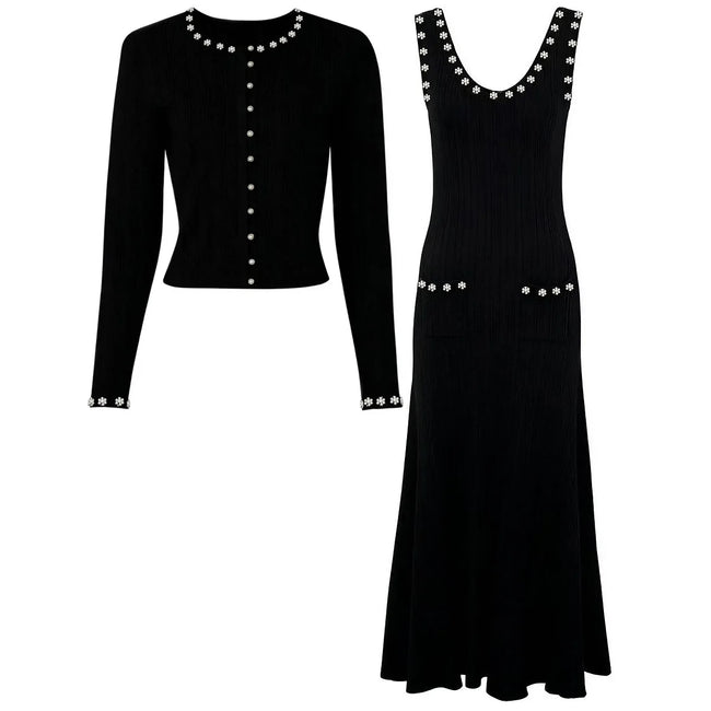 Embellished Trim Knit Dress and Cardigan Set Main Image