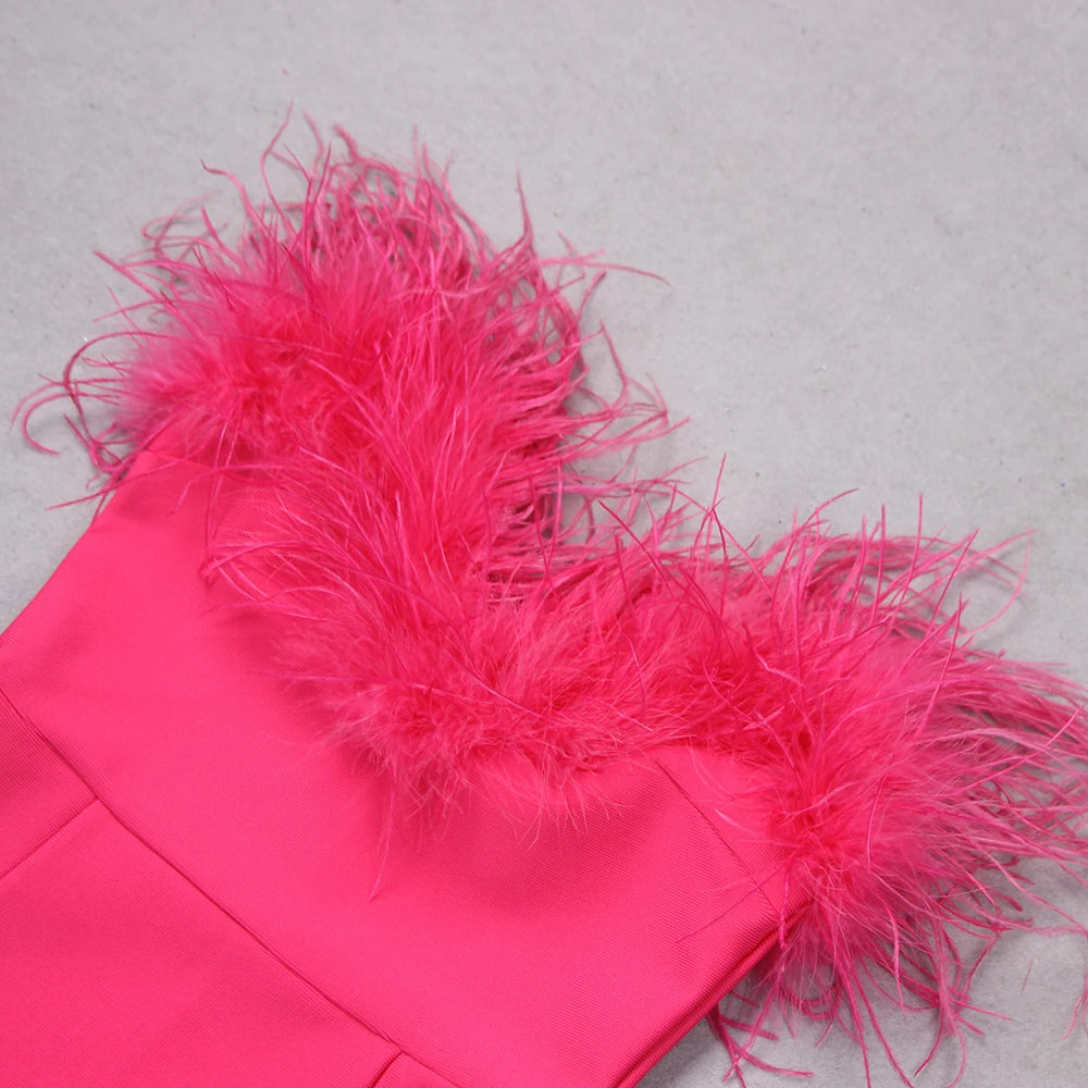 Feather Trim Strapless Column Gown