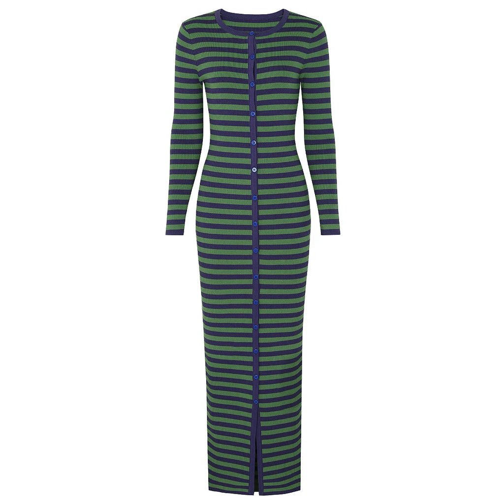 Long Sleeve Horizontal Stripe Bodycon Maxi Dress