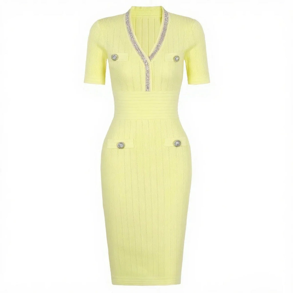 Embellished Trim Ribbed Knit Midi Dress