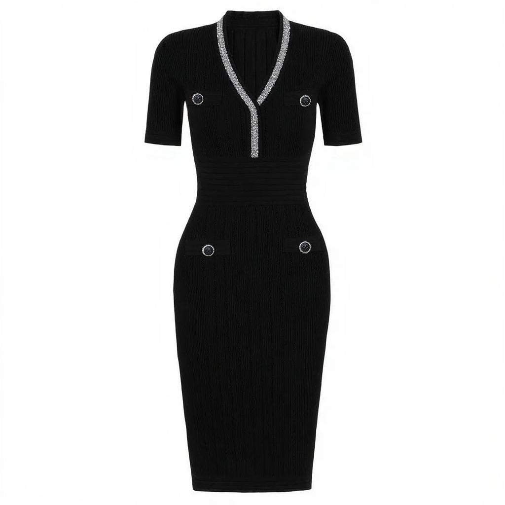Embellished Trim Ribbed Knit Midi Dress