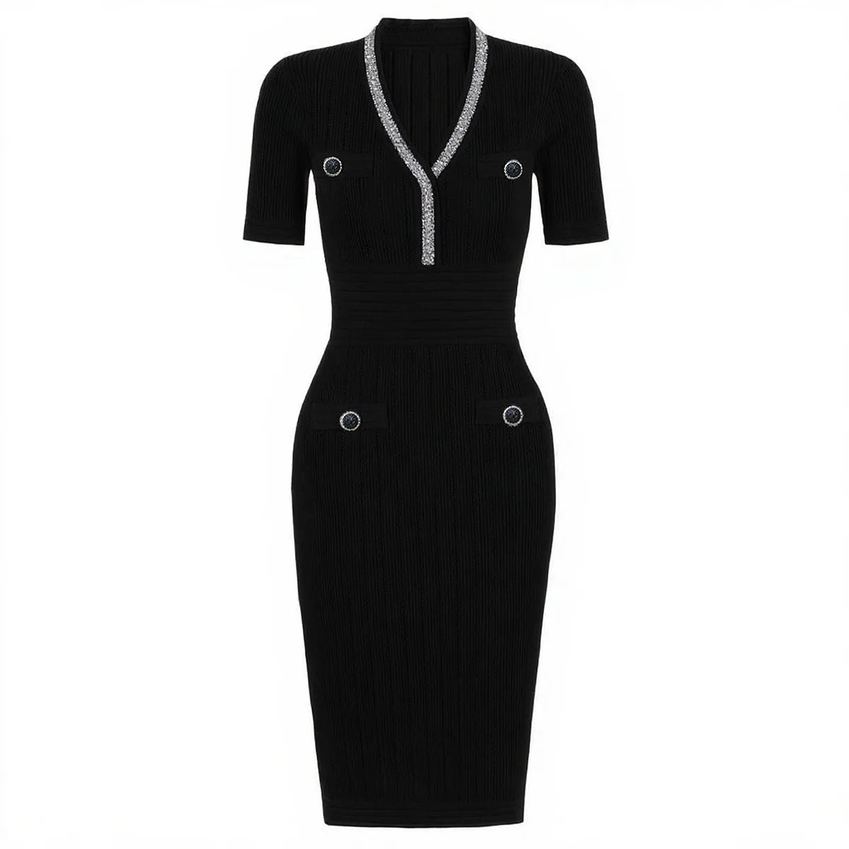 Embellished Trim Ribbed Knit Midi Dress