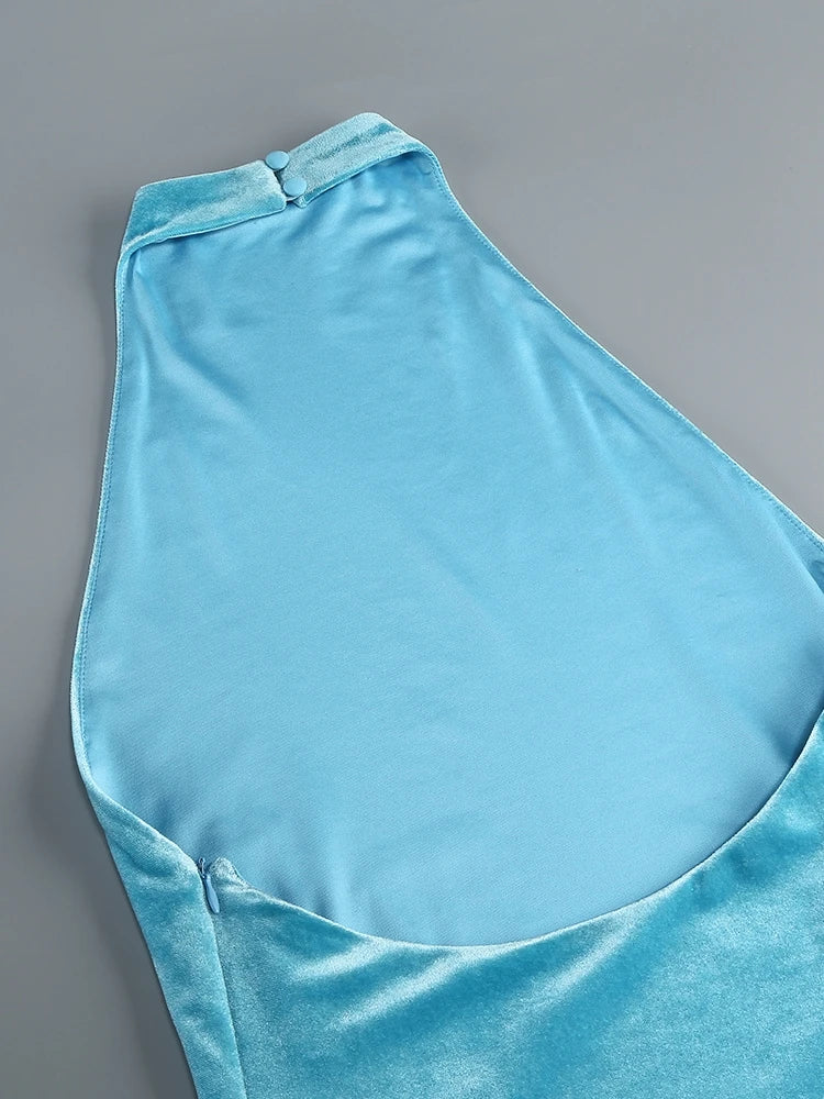 Halterneck Velvet Dress with Braided Fringe Hem