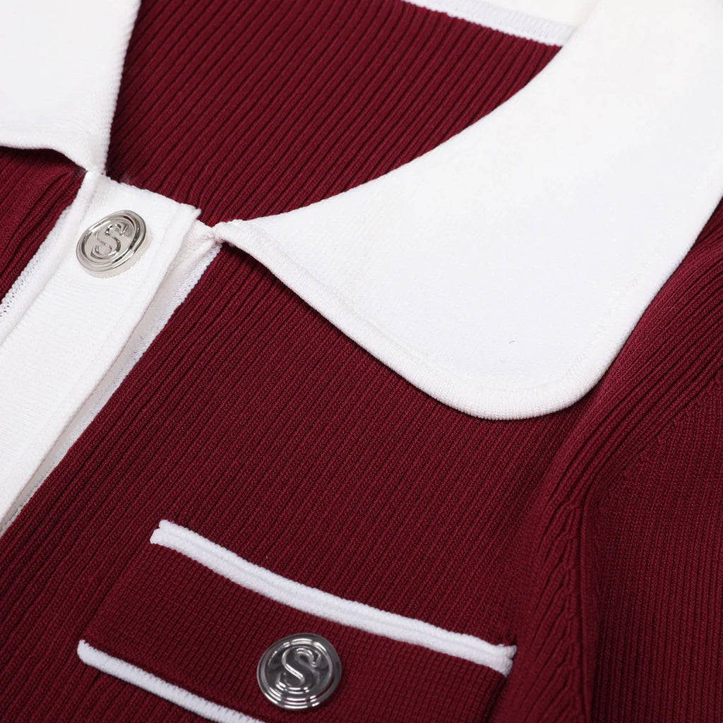 Contrast Trim Button-Front Pleated Knit Midi Dress