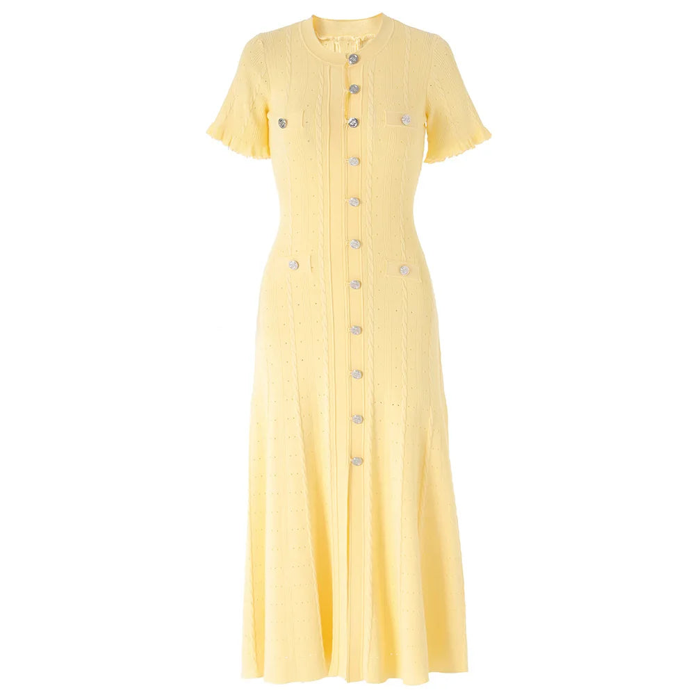 Button-Front Short Sleeve Knit Midi Dress