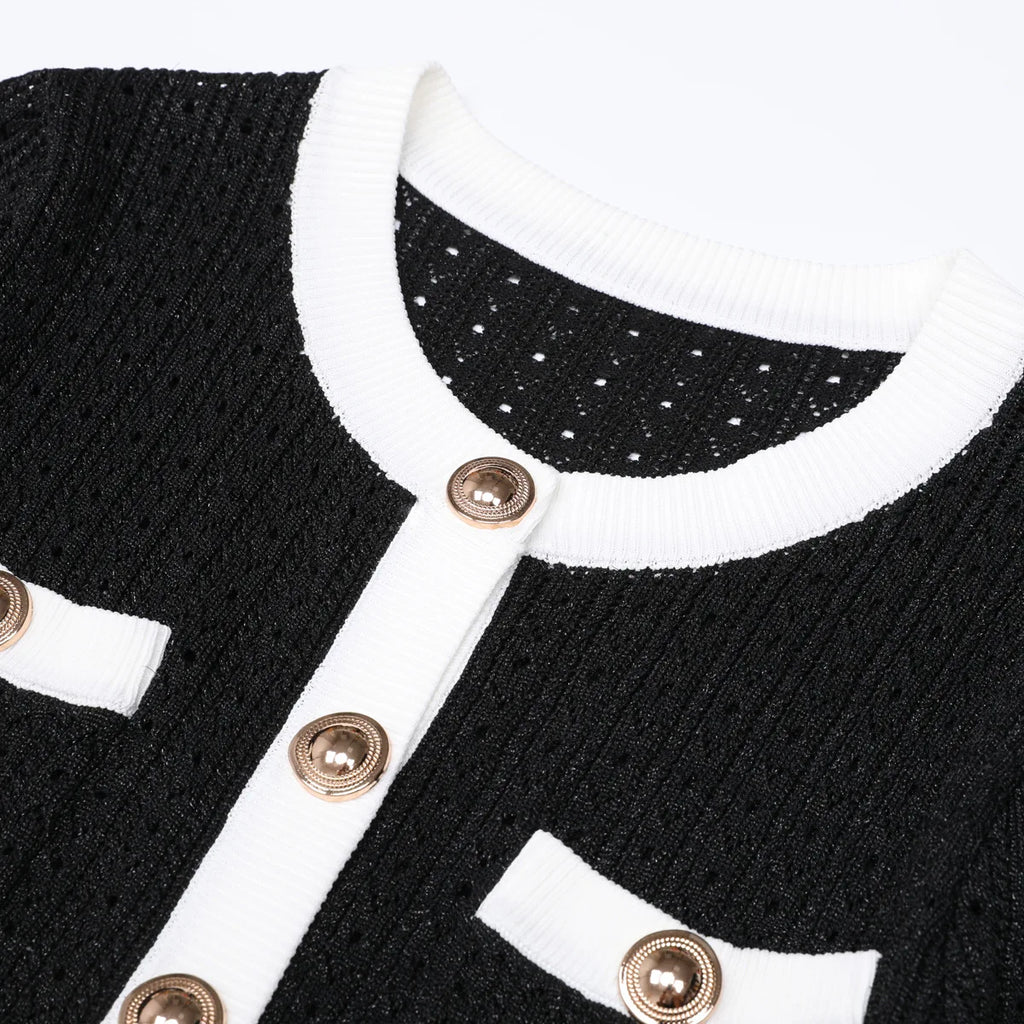 Contrast Trim Button-Front Knit Peplum Dress