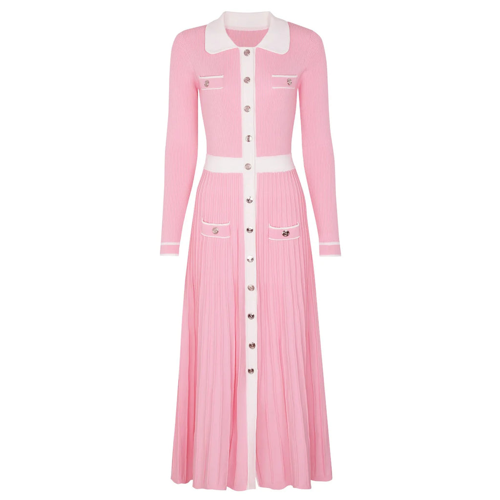 Contrast Trim Button-Front Pleated Knit Midi Dress