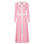 Contrast Trim Button-Front Pleated Knit Midi Dress