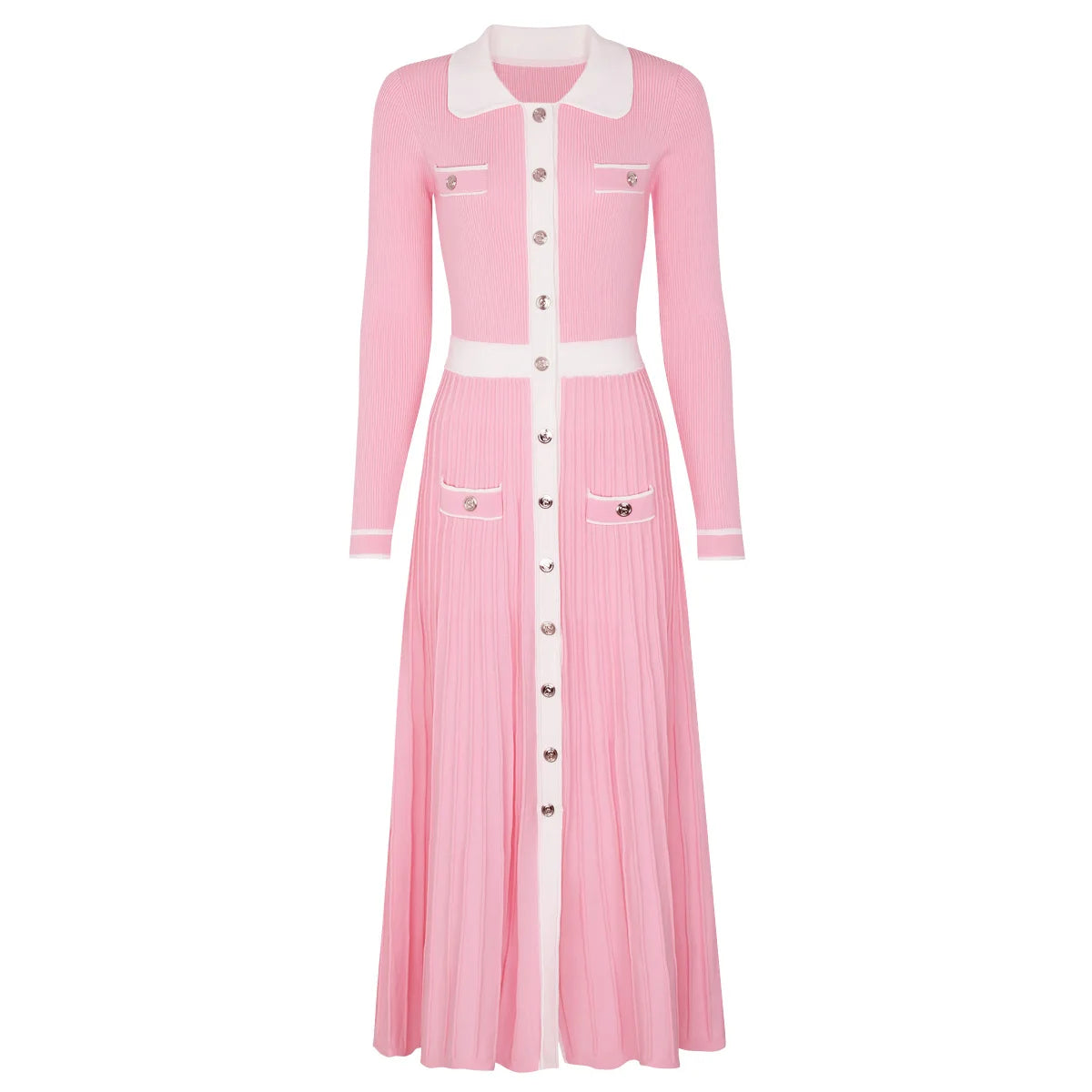 Contrast Trim Button-Front Pleated Knit Midi Dress