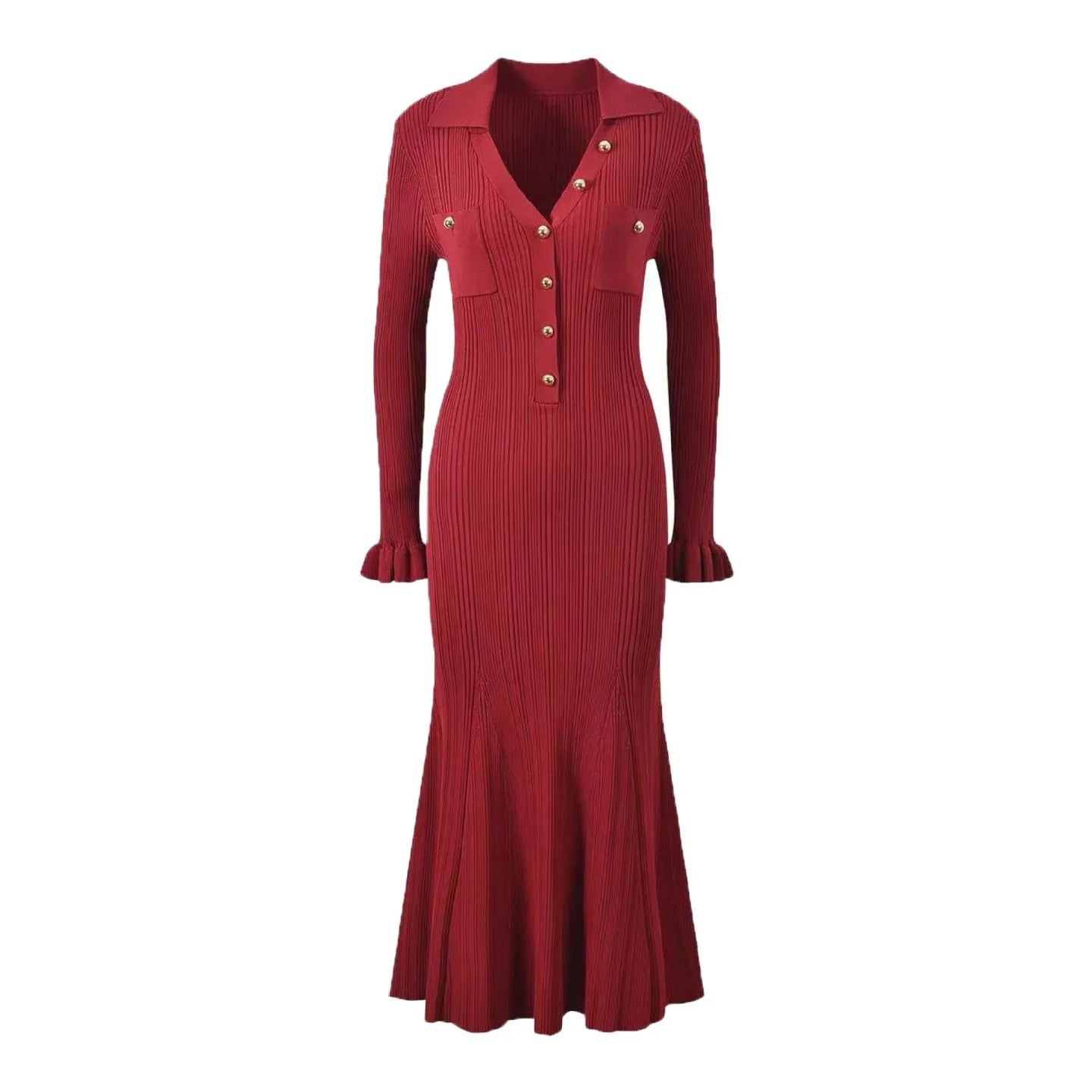 Long Sleeve Collared Knit Mermaid Dress