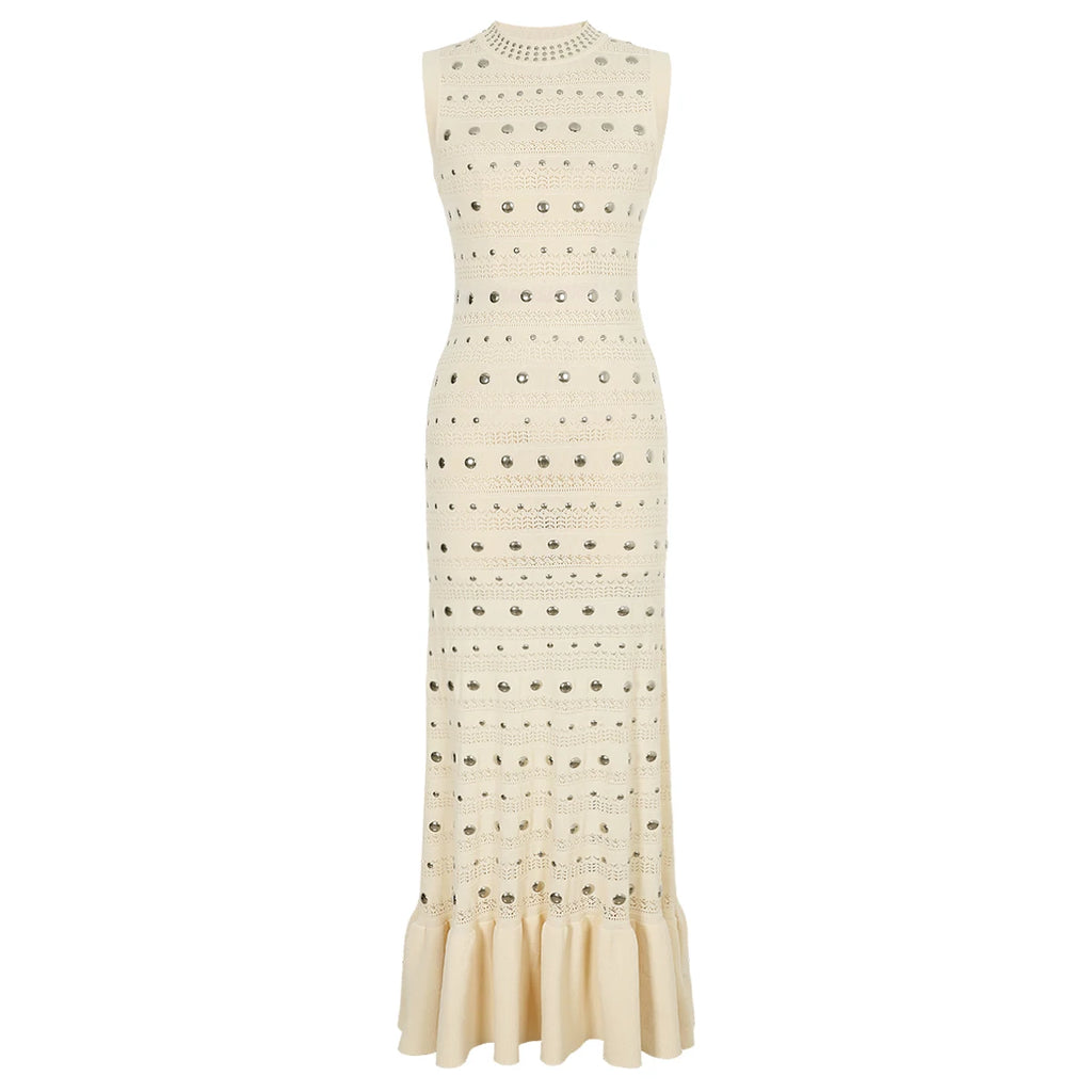 Embellished Knit Crochet Gown with Flounce Hem