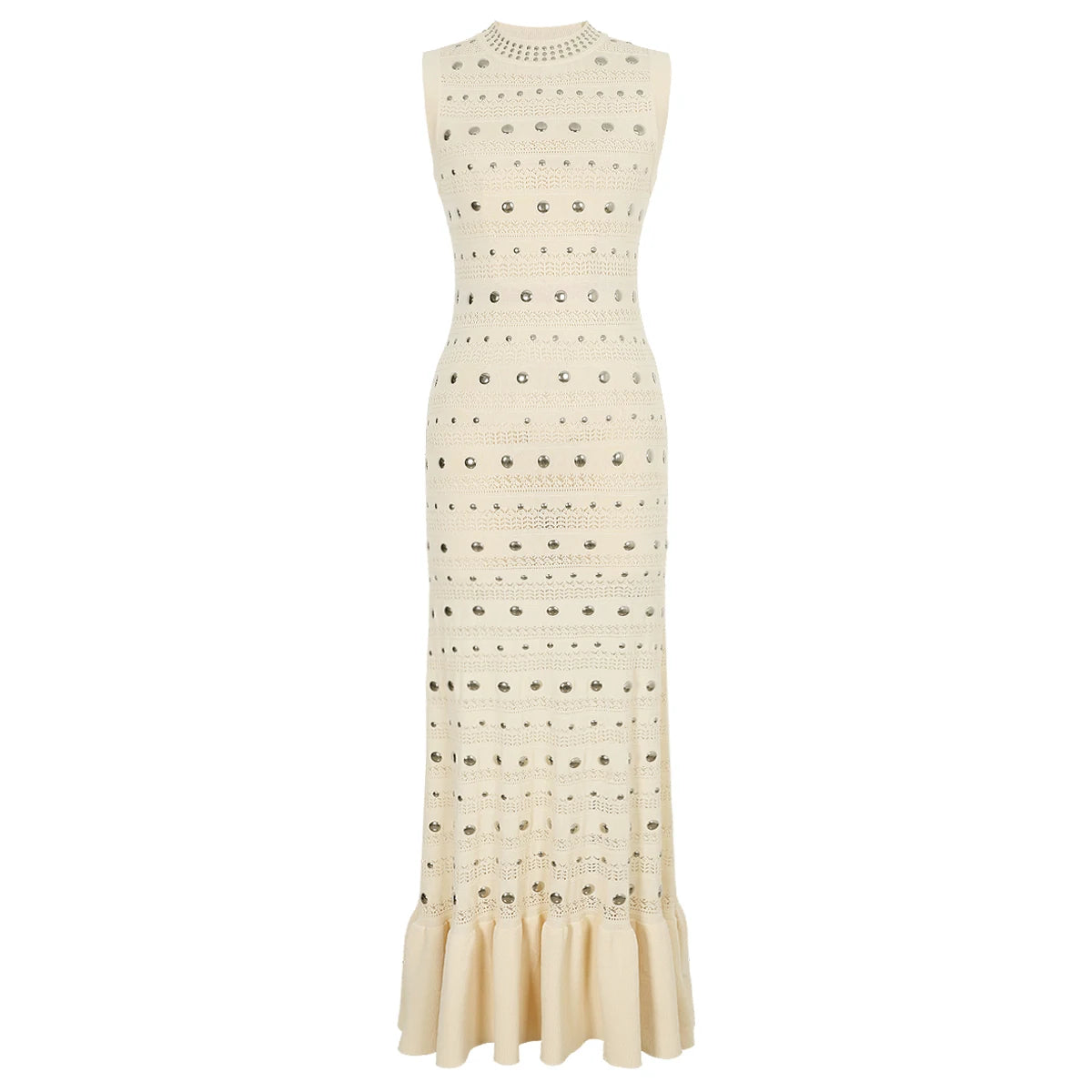Embellished Knit Crochet Gown with Flounce Hem