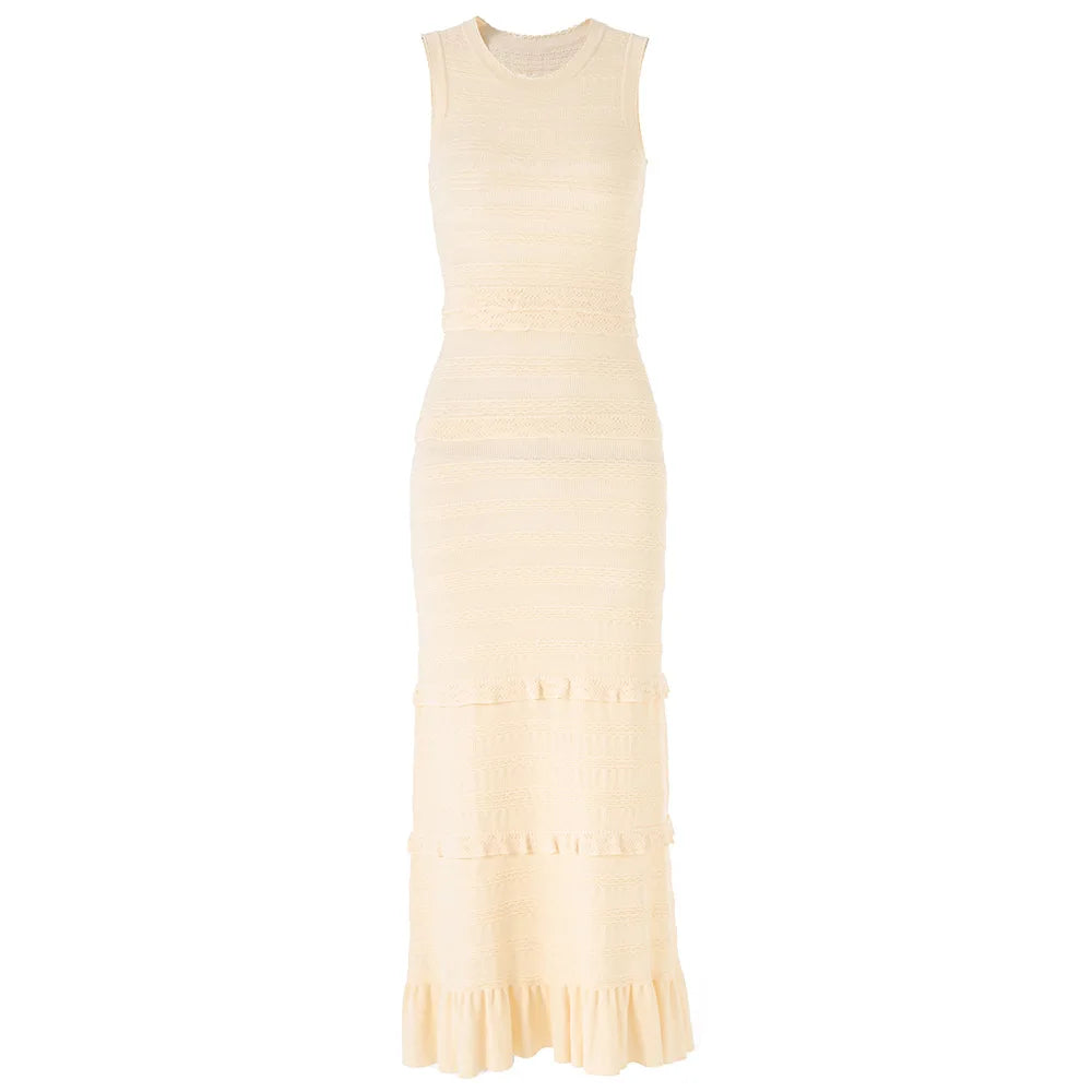 Ruffled Trim Knit Cardigan and Maxi Skirt Set