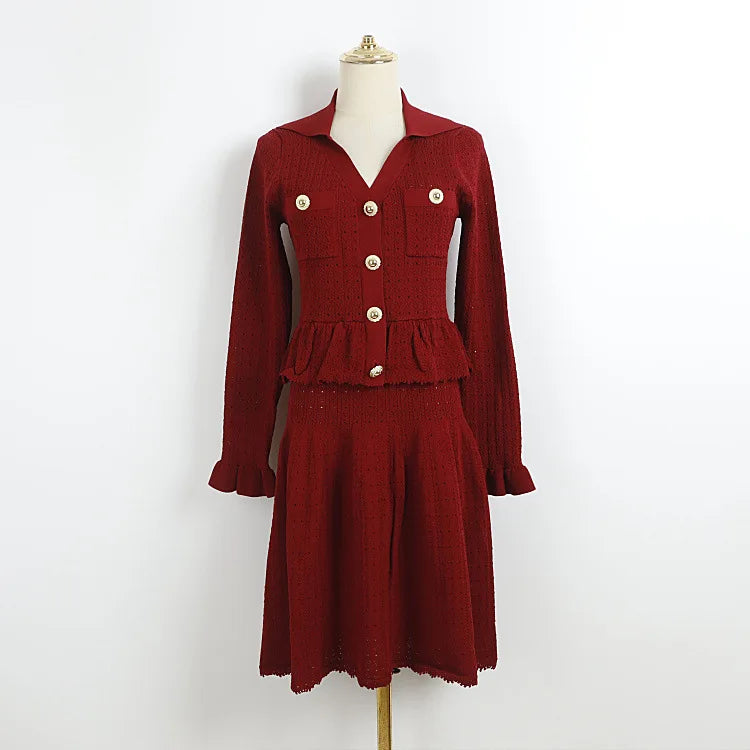 Button-Front Knit Peplum Dress with Flared Cuffs