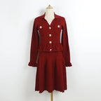 Button-Front Knit Peplum Dress with Flared Cuffs