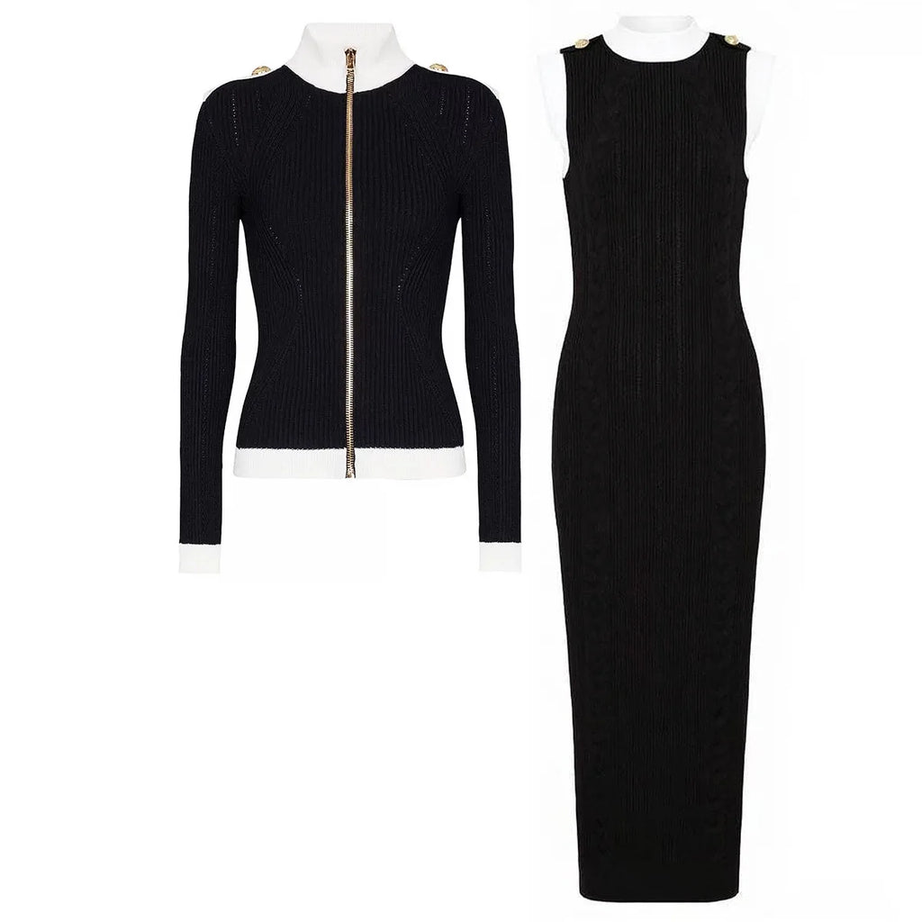 Contrast Trim Knit Maxi Dress and Zip-Up Cardigan Set