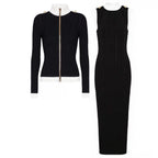 Contrast Trim Knit Maxi Dress and Zip-Up Cardigan Set