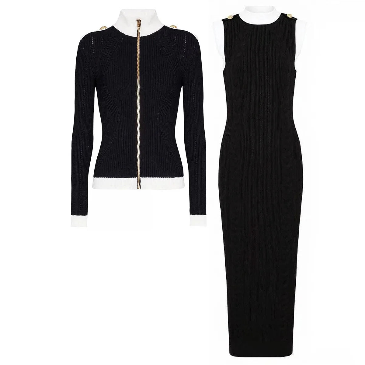 Contrast Trim Knit Maxi Dress and Zip-Up Cardigan Set