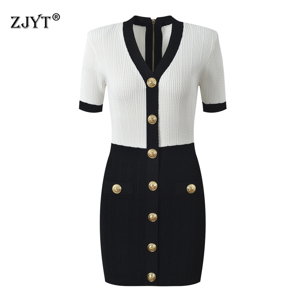 Contrast Panel Knit Mini Dress with Gold Button Detail