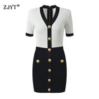 Contrast Panel Knit Mini Dress with Gold Button Detail